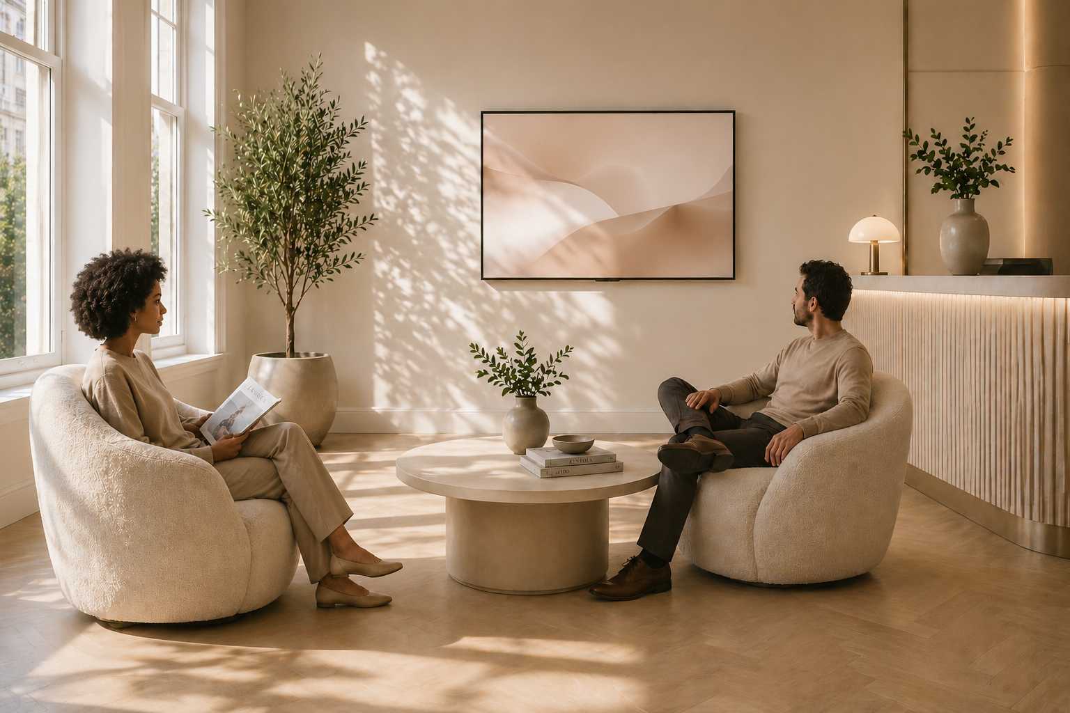 Patient seated in a sunlit private clinic waiting room with a wall-mounted display