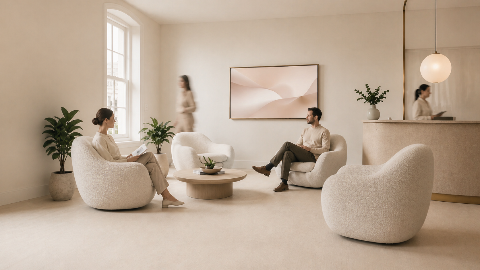 A softly lit modern minimalist clinic waiting room with patients seated in plush boucle chairs and a wall-mounted display